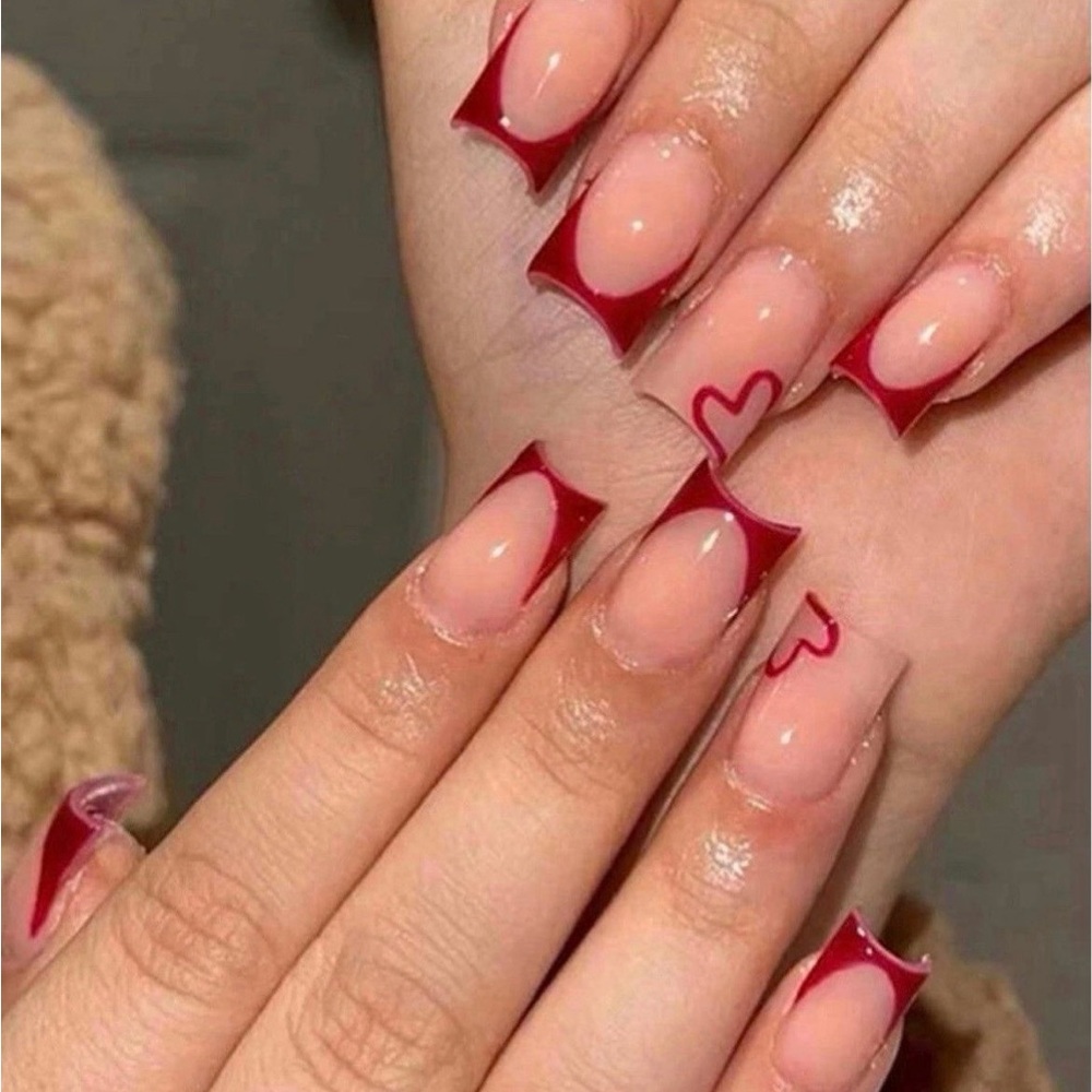 French Tip Red Press On Nails 24 PCS Flat Head False Nails Kit